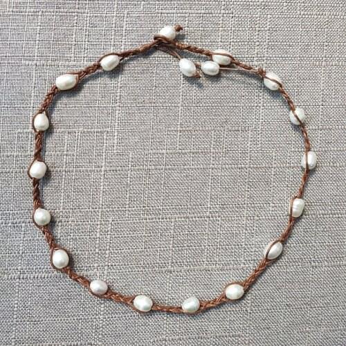 Summer vintage elegant delicate pearl necklace khaki leather winding perforated freshwater pearls handmade fashion accessories