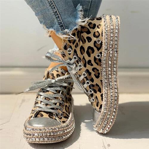 Women Sneakers Leopard Rivets Shoes Women Canvas Shoes Leisure Lace-Up Low High Top Sneakers Basket Femme Big Size Women Shoes