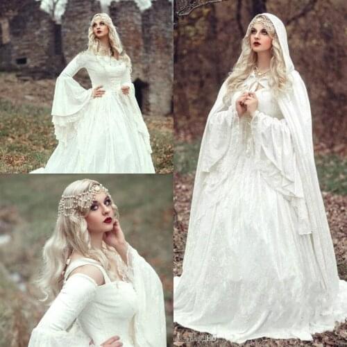Long Sleeve Lace Costumes Fairy Tales Bridal Gowns Boho Country mariage Vintage Ivory Victorian Medieval Gothic Wedding Dresses