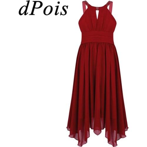 Girls Summer Dress Rhinestones Sleeveless Chiffon Flower Girl Dress Elegant Dancewear for Wedding Party Birthday Dance Costumes