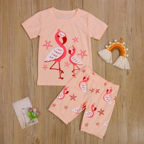 Summer 2 Pcs Infant Comfortable Casual Pajamas Girls Flamingo Print Short Sleeve Round Neck T-shirt + Elastic Waist Pants