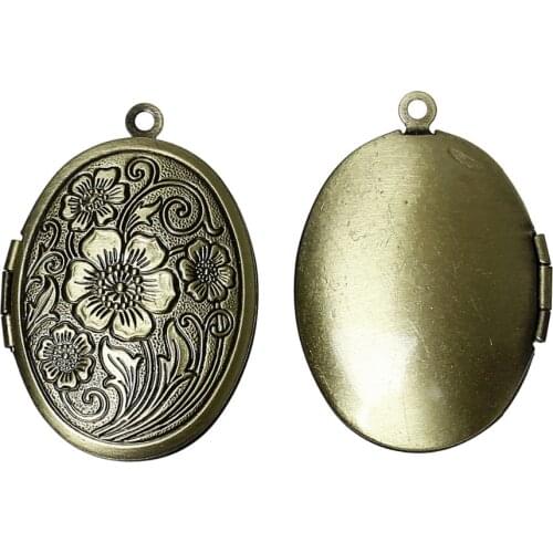DoreenBeads Metal Picture Photo Locket Frame Pendents Oval Antique Bronze Color Flower Carved (Fits 22.5mmx16mm) 33mmx 24mm,5PCs