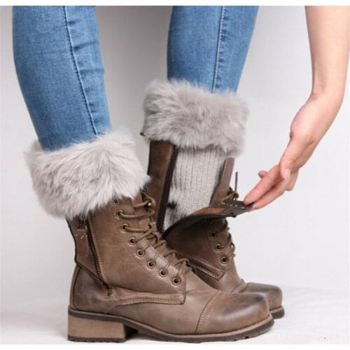 Fashion Women Winter Leg Warmers Crochet Knitted Faux Fur Trim Boot Socks Toppers Cuff Soft Warm Women Leg Warmers Ladies Socks