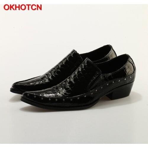 OKHOTCN Genuine Leather Mens Dress Shoes Italian Elegant Party Wedding Shoes Slip On Men Bussiness Flats Shoes High Quality