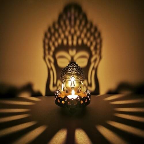 Candlestick Buddha Butter Oil Lamp Sitting Buddha Lotus Feature Metal Hollow Carved Light and Shadow Art Candlestick Decore