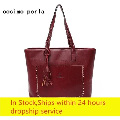 PU Leather Casual Tote Bags for Women 2021 Fashion Top-Handle Big Capacity Handbags Female Satchels Purses with Tassel Dropship