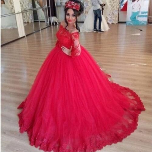 Dress luxury Gorgeous Applique Lace Boat Neck Long Sleeve Ball Gown Red Cheap Quinceanera Party Zipper-Up Bespoke Wedding Dress