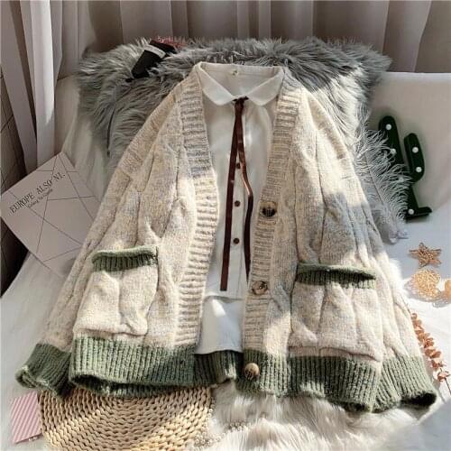 Sweater cardigan women Japanese loose-fitting outer wear autumn and winter 2021 new v-neck long-sleeved knitted jacket