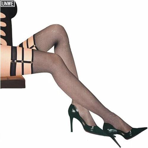 Punk Rivet Strapppy Ladies Sexy Long-tube Fishnet Stockings Charming Elastic Nightclubs Pantyhose Erotic Long Socks