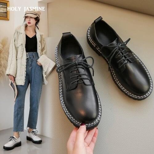 Flat Platform Shoes for Women Real Cow Leather Lace Up Round Toe Black White Vintage Brogue Shoes Female 2021 Spring New Shoes