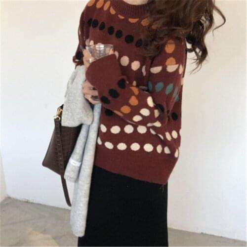 Vintage Christmas Sweater Women Korean Style Casual Hit Color Polk Dot Pullover Jumpers Oversized Knitwear Winter Clothes 2020