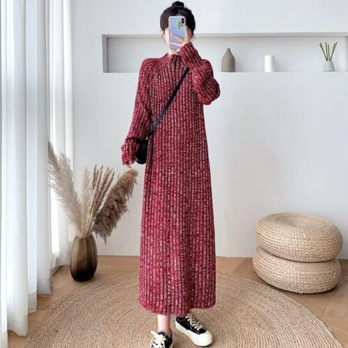 Knit Dress Autumn Winter Long Loose Half High Neck Thick Sweater Dress Outer Wear Fashion Wild Female Full Sleeve Knitwear y1288