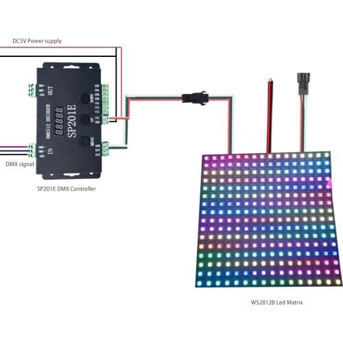 WS2812B DMX to SPI Led Controller Decoder and WS2812 led Matrix Panel, SP201E 5 Channel DMX 512 RGB WW Decoder Controller SK6812