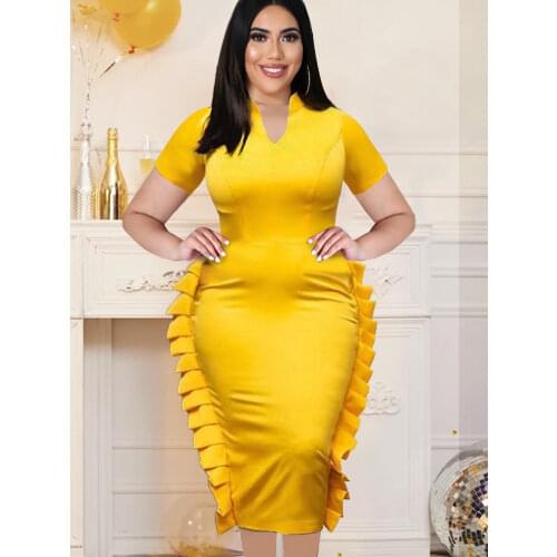 Yellow Bodycon Dresses for Women Short Sleeve Pleated Ruffles Office Lady Stylish Robe African Dress Plus Size XXL Dropshipping