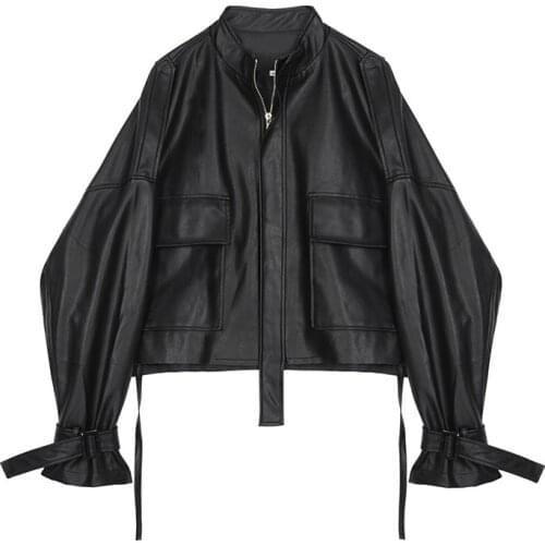 2021 New Autumn Women Faux Soft Pu Motorcycle Leather Jacket Casual Loose Black Faux Leather Punk Zipper Overcoat