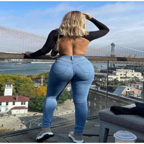 Womens Jeans High Waist Slim Stretch Tight Denim Trousers 2021 Autumn And Spring Blue Retro Washed Elastic Slim Pencil Pants