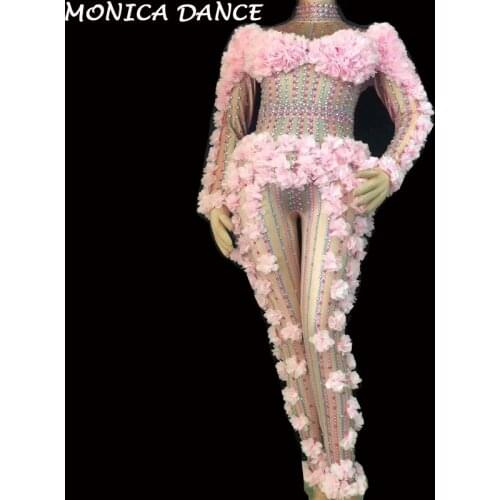 Women Sexy Pink Flower Crystals Stage Bodysuit Costume Evening Jumpsuit Celebrate Party Wear Singer Stage Performance Costumes