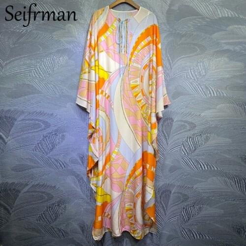 Seifrmann Summer Women Fashion Runway Maxi Dress Bow Batwing Sleeve Geometric Print Loose Ladies Long Robe Dresses Vestidos 2021