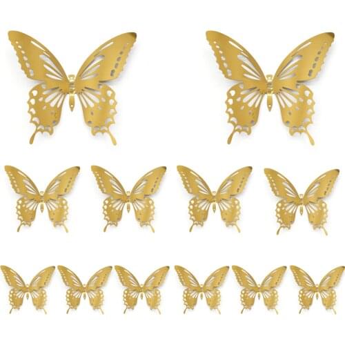 12pcs Vivid 3D Butterfly Wall Decal Stainless Steel Hollow-Out Butterflies Wall Sticker For Party Home Dessert Shop Decoration