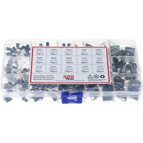 300pcs 15 types 0.1uf-470u multiple mixed DIY in-line electrolytic capacitor combination set