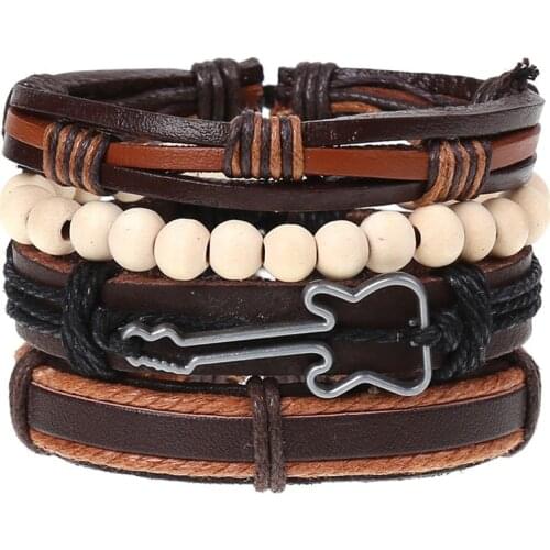 4pcs/set Guitar Charm Braided Bracelet Homme Men Handmade Wood Leather Bracelets Women Leaf Femme Male Beads Jewelry