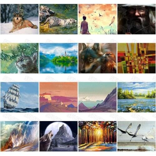 Diy Diamond Painting Wild Animals White Tiger Gray Wolf Beautiful Natural Scenery Alpine Flowing Water Decorative Painting