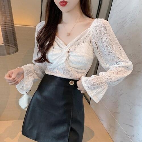 Ladies Long-sleeved Lace Shirt Autumn Womens Cross V-neck Trumpet Sleeve Solid Color Top