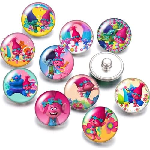DB0484 Cartoon Lovely Trolls 18mm snap buttons 10pcs mixed round photo glass cabochon style for snap button jewelry