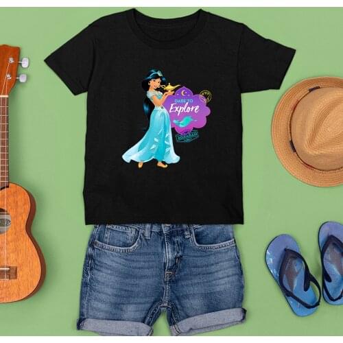 Kids Clothes Kawaii Black White Tees Disney Princess Pattern T-shirts Summer New Top Aladdins Lamp Dare To Explore Children