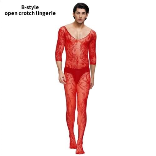 Mens Sexy Bodystockings Red Sleepwear Fishnet Bodysuits Crotchless Jumpsuit Male Exotic Night Club wear hombres ropa de dormir