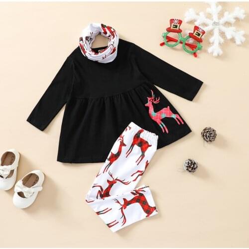 FOCUSNORM 3pcs Toddler Baby Girls Christmas Clothes Sets Deer Printed Long Sleeve Dress Tops+Pants+Scarf Outfits 0-4Y