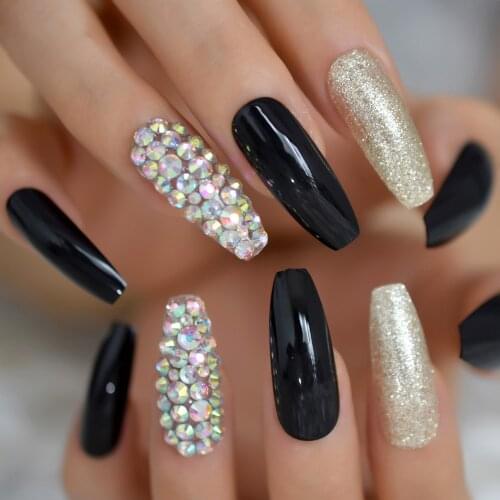 Glossy Black Ballet Press on False Nails Extra Long Shiny Glitter Gems Ballerina Coffin Fake Fingersnails Extention Tool 28pcs