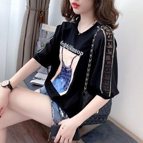 Cotton Lace Cutout Lace T-shirt Womens Big Zipper Pack New Fashion All-match Printed Half-Sleeve Shirt Ins Top