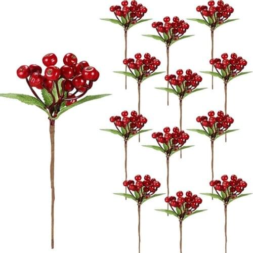 New 20PCS Artificial Red Berries Twig Stem Flowers Fake Berries Bunch for Christmas Tree Decorations and DIY Craft