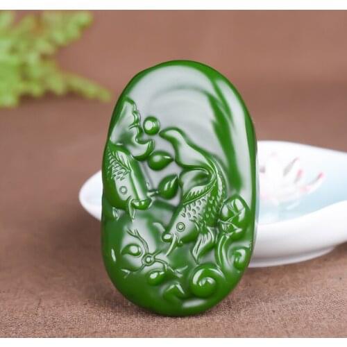 Natural Green Hand-Carved Jade Gold Fish Pendant with More Than Pendants for Years