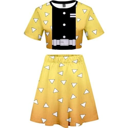 Demon Slayer Kimetsu No Yaiba Cosplay Costume Zenitsu Uniform T-shirt Crop Top Skirt 2021 New Fashion Anime Dress Sportswear