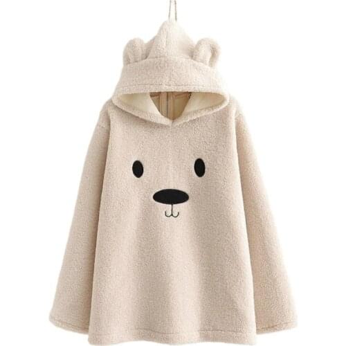 Fleece Cartoon Embroidery Warm Jackets for Women 2021 Hooded Coat Winter Long Sleeve 2 Sides Wear Sweet Style Ladies Outwears