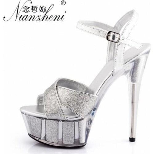 Summer Fashion 2019 Glitter transparent banquet shoes 15 cm shiny platform sandals sexy nightclub pole dancing Womens Shoes