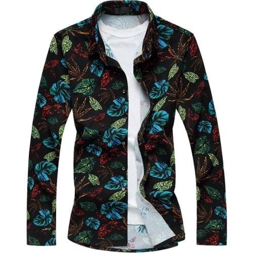 Leaves Print Slim Mens Shirt Spring Autumn Fashion Casual Long Sleeve Button Down Dress Shirts Camisa Social Masculina