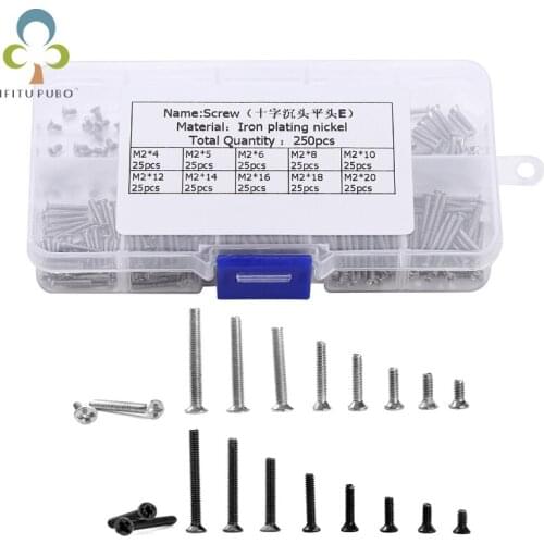 250Pcs M2 KM Screw Flat Head Cross Phillips Screws Set Kit for Furniture Hardware Accessories Small Screw with Box GYH