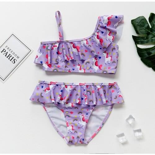 2020 New Girls Swimsuit Oblique Shouldered Childrens Swimwear Unicorn Two Piece Ruffle Bathing Suit Infantil Swimsuit 9055