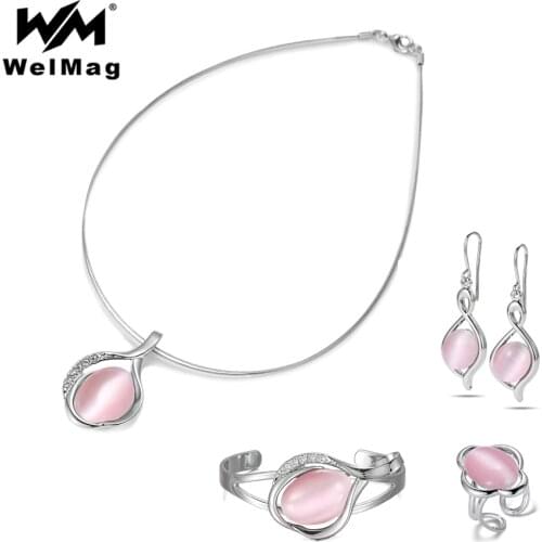 WelMag 2019 New Arrival Pink/Blue/Red Opal Jewelry Sets for Women Gift Copper Crystal (Magnetic Necklace) Bracelet Earrings Ring