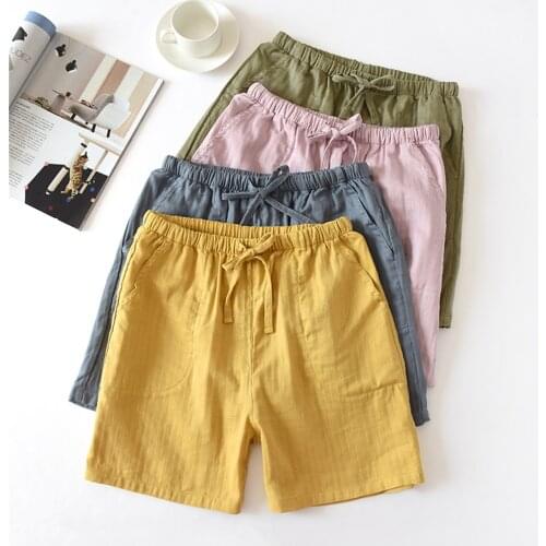 Couple Pajamas Summer Cotton Gauze Shorts Solid Japan Drawstring Sleep Pants Casual Large Size Pijama Women Hombre Home Shorts
