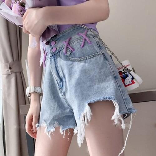 Ripped denim shorts female Korean ins preppy style kawaii casual loose high waist streetwear summer new Harajuku ulzzang shorts