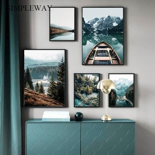 Scandinavian Nature Landscape Wall Art Poster Mountain Lake Boat Print Nordic Painting Decorative Picture Modern Home Decoration