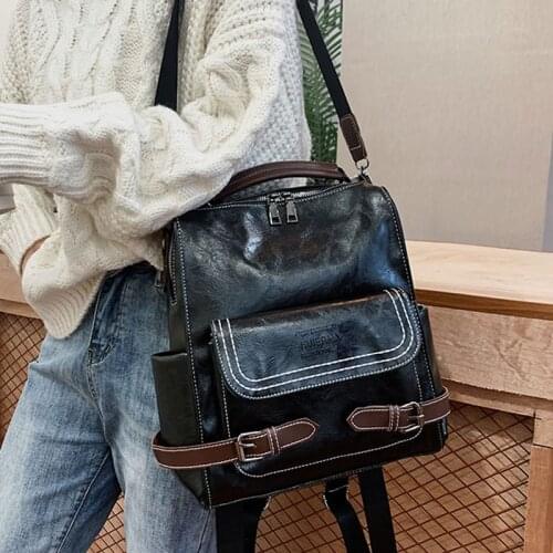 Retro Large Capacity Soft Pu Leather Women Backpack College Student School Bag Backpacks Classic Double Shoulder Bag Mochila