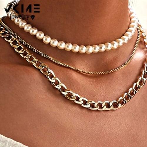 VKME Punk Multi Layered Pearl Choker Necklace For Women Statement Female Gold Cuban Thick Chain Necklaces Collar Jewelry