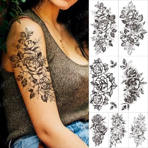 Flower Blooming Waterproof Temporary Tatooo Sticker Peony Orchid Lily Rose Beauty Arm Tatoo Body Art Fake Tattoo Black Man Women