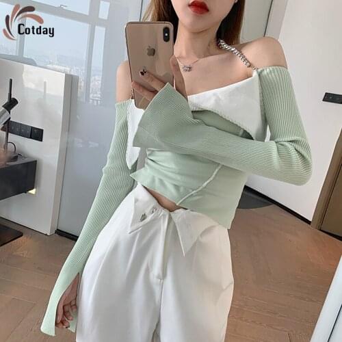 Cotday Butterfly Sleeve Early Promotion Spring Womens Clothing Celebrity Design Sense Sweet Sling Splicing Knitted Waist Top