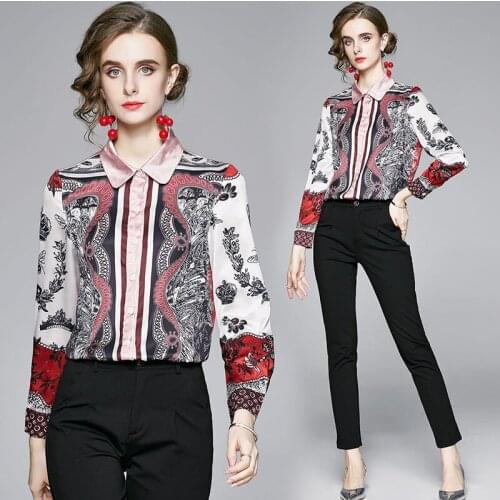 New Spring Summer Fall Runway Vintage Floral Print Collar Button Long Sleeve Womens Ladies Party OL Casual Top Shirt Blouse